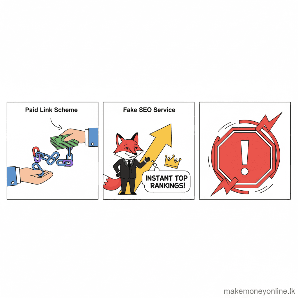 Blogging in Sri Lanka: Earn LKR 80,000+ Monthly (2026 Guide) Blogging scam warning signs including paid link schemes, fake SEO services, and blog monetization fraud