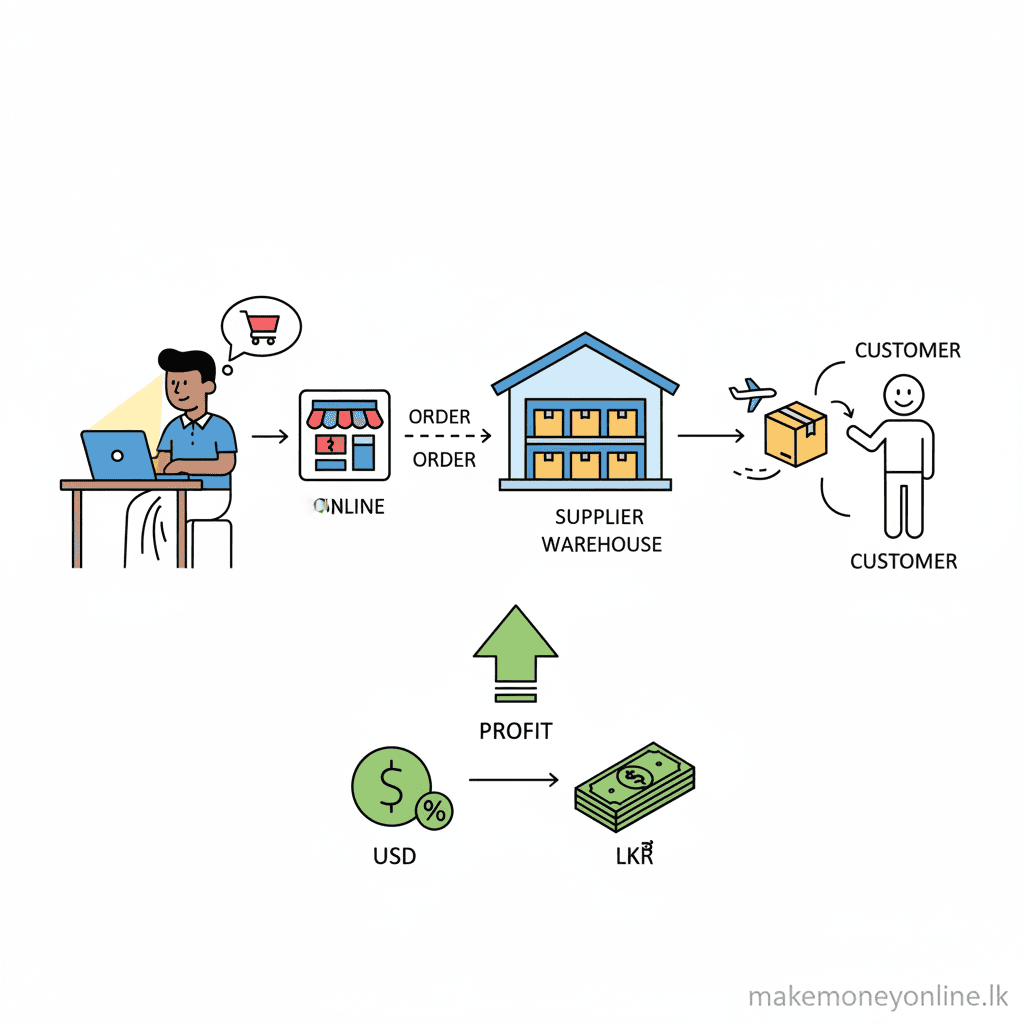 Dropshipping from Sri Lanka: Earn LKR 100,000+ Monthly (2026 Guide) Dropshipping business model from Sri Lanka showing store, supplier shipping to customer, and USD profit converting to LKR