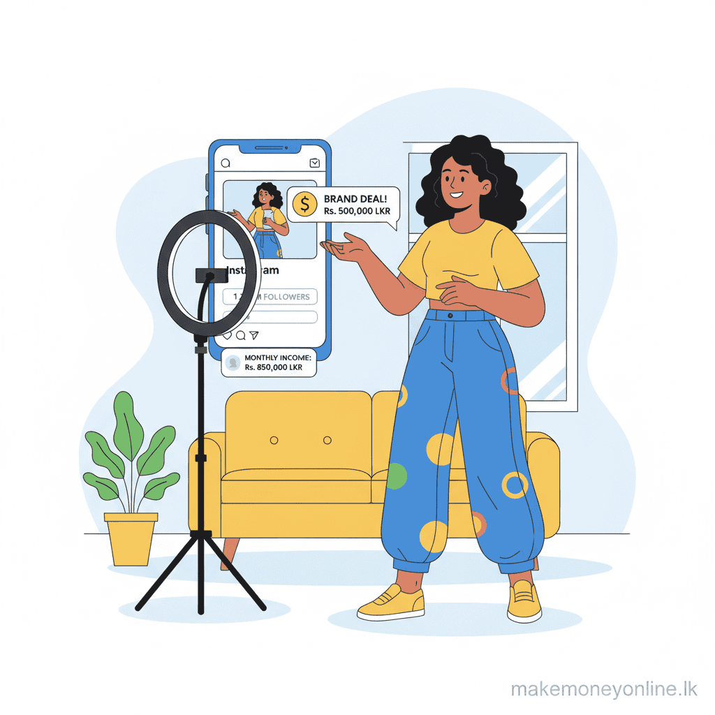 Influencing in Sri Lanka: Earn LKR 50,000+ Monthly (2026 Guide) Social media influencing income in Sri Lanka showing Instagram followers, brand deal payments, and LKR income