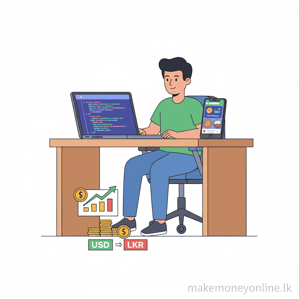 Mobile App Development in Sri Lanka: Earn LKR 150,000+ Monthly (2026 Guide) Mobile app development income in Sri Lanka showing Flutter code, app on phone, and USD to LKR conversion