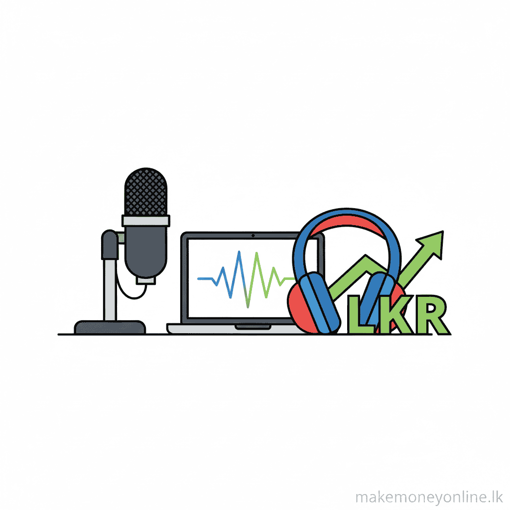 Podcasting in Sri Lanka: Earn LKR 50,000+ Monthly (2026 Guide) Podcasting income in Sri Lanka showing microphone, headphones, audio waveform, and LKR monthly earnings