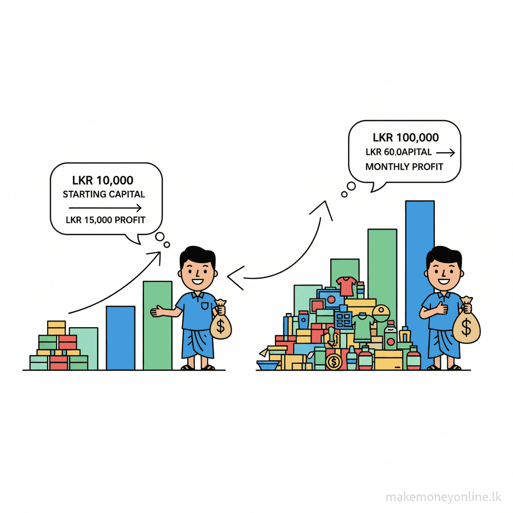 Reselling Goods in Sri Lanka: Earn LKR 50,000+ Monthly (2026 Guide) Reselling goods income potential in Sri Lanka showing working capital to monthly profit growth chart