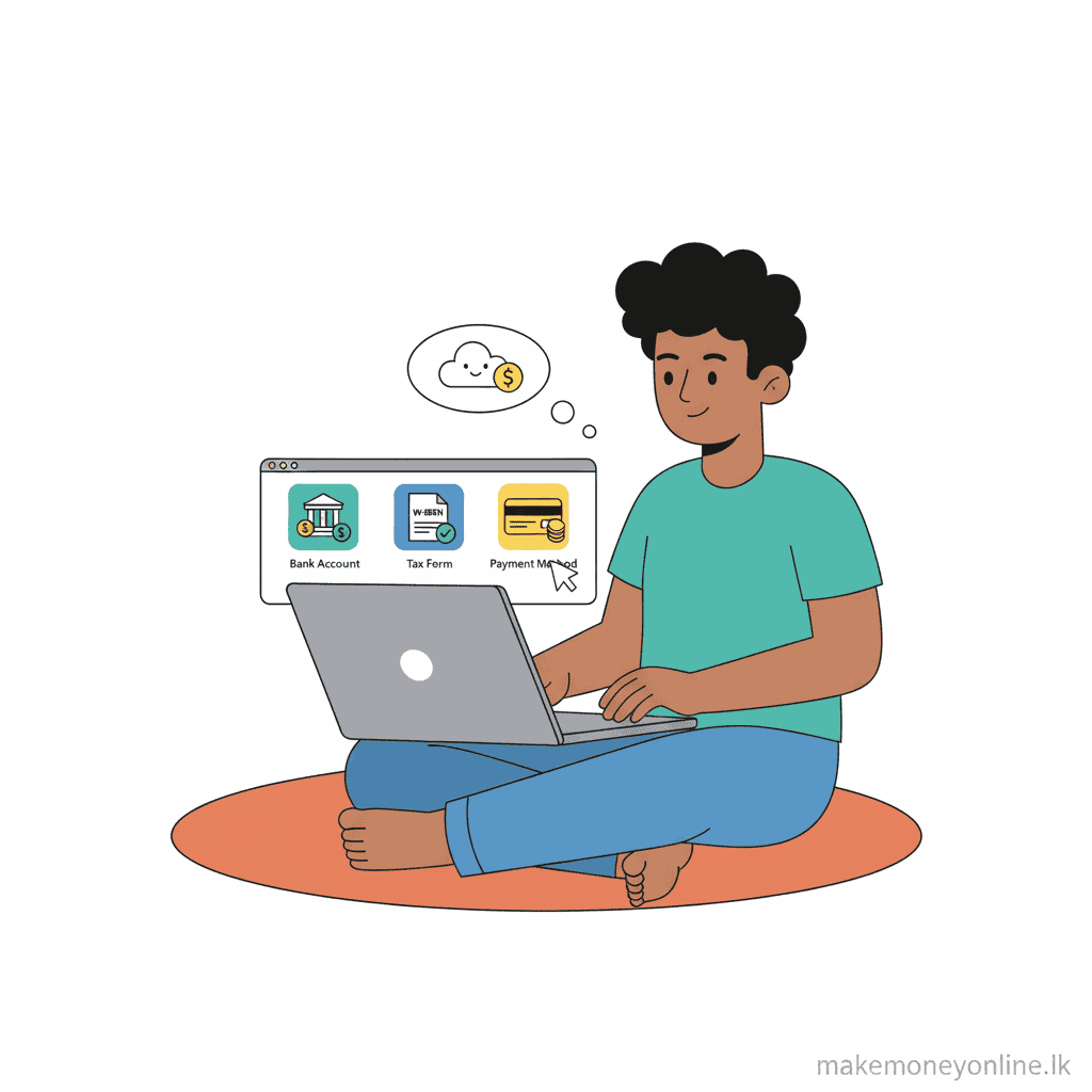 Selling Books Online in Sri Lanka: Earn LKR 50,000+ Monthly (2026 Guide) Amazon KDP account setup for Sri Lankan authors showing bank details, W-8BEN tax form, and payment settings