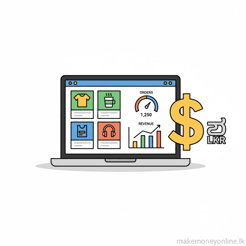 Shopify Store in Sri Lanka: Earn LKR 100,000+ Monthly (2026 Guide) Shopify store income in Sri Lanka showing online store dashboard, USD sales, and LKR conversion