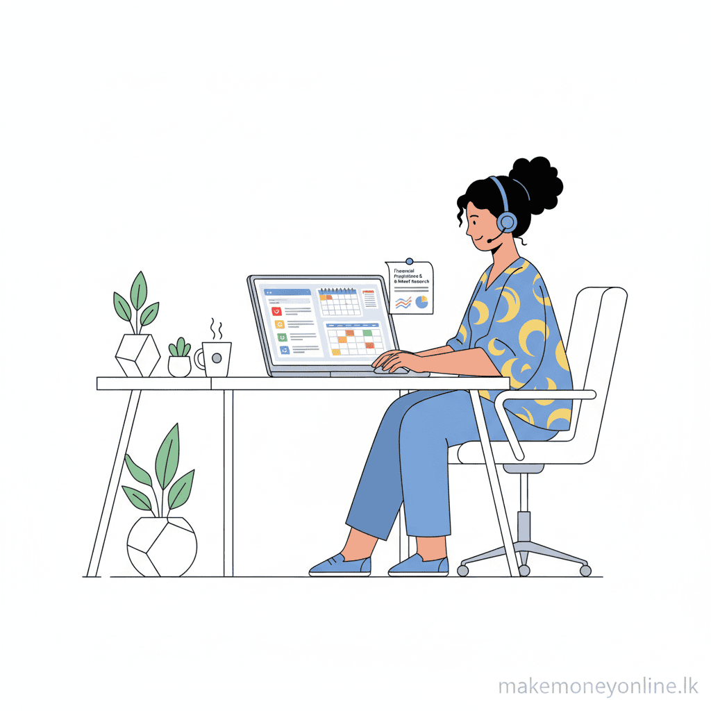 Virtual Assistant Work in Sri Lanka: Earn LKR 60,000+ Monthly (2026 Guide) Virtual assistant work in Sri Lanka showing tasks like email management, scheduling, and research with LKR income