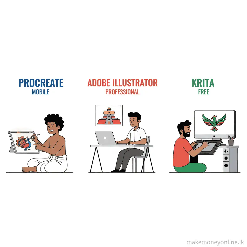 Digital art tools for Sri Lankan artists including Procreate on iPad, Adobe Illustrator, and free alternatives like Krita