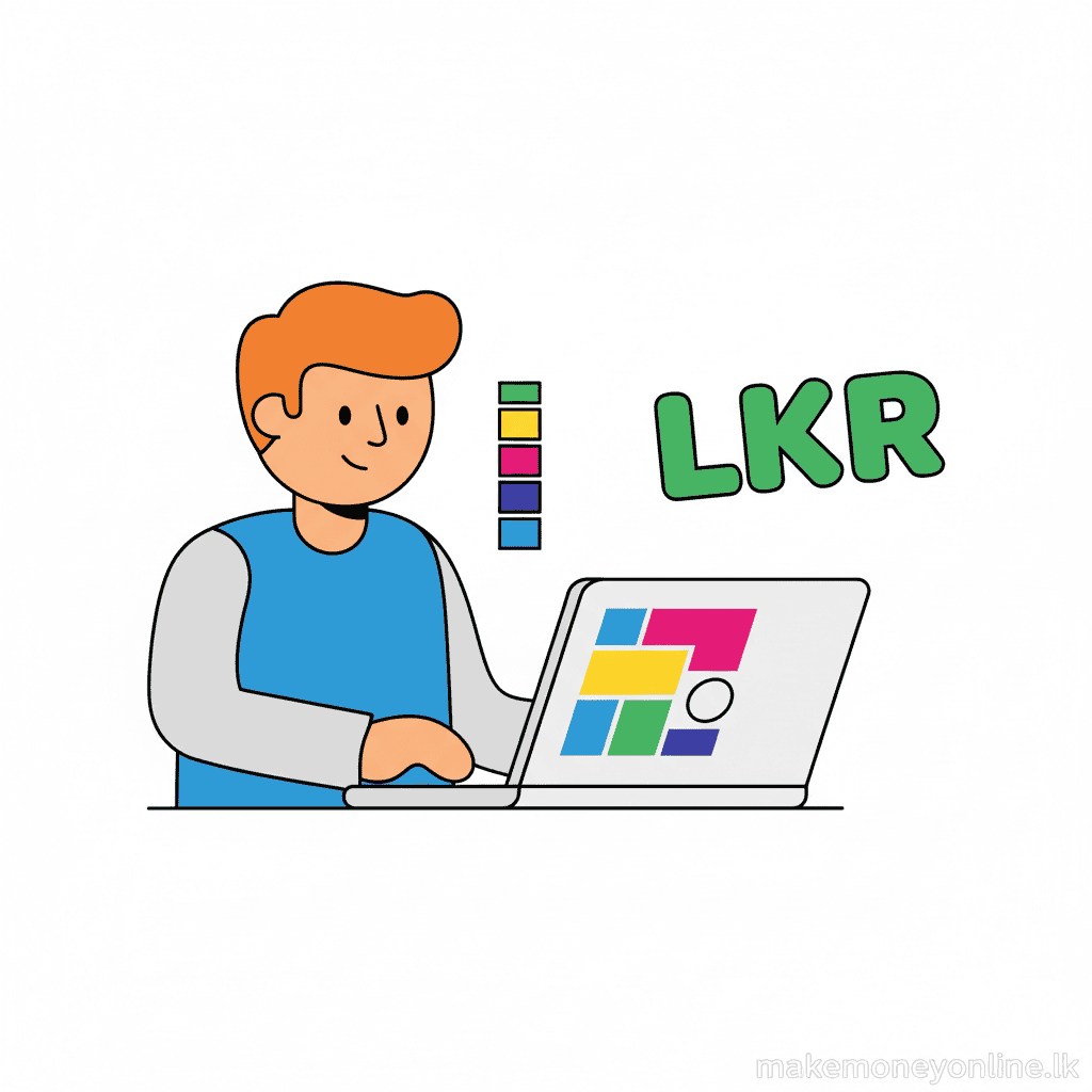 Graphic design income in Sri Lanka showing design tools, brand assets, and LKR monthly earnings