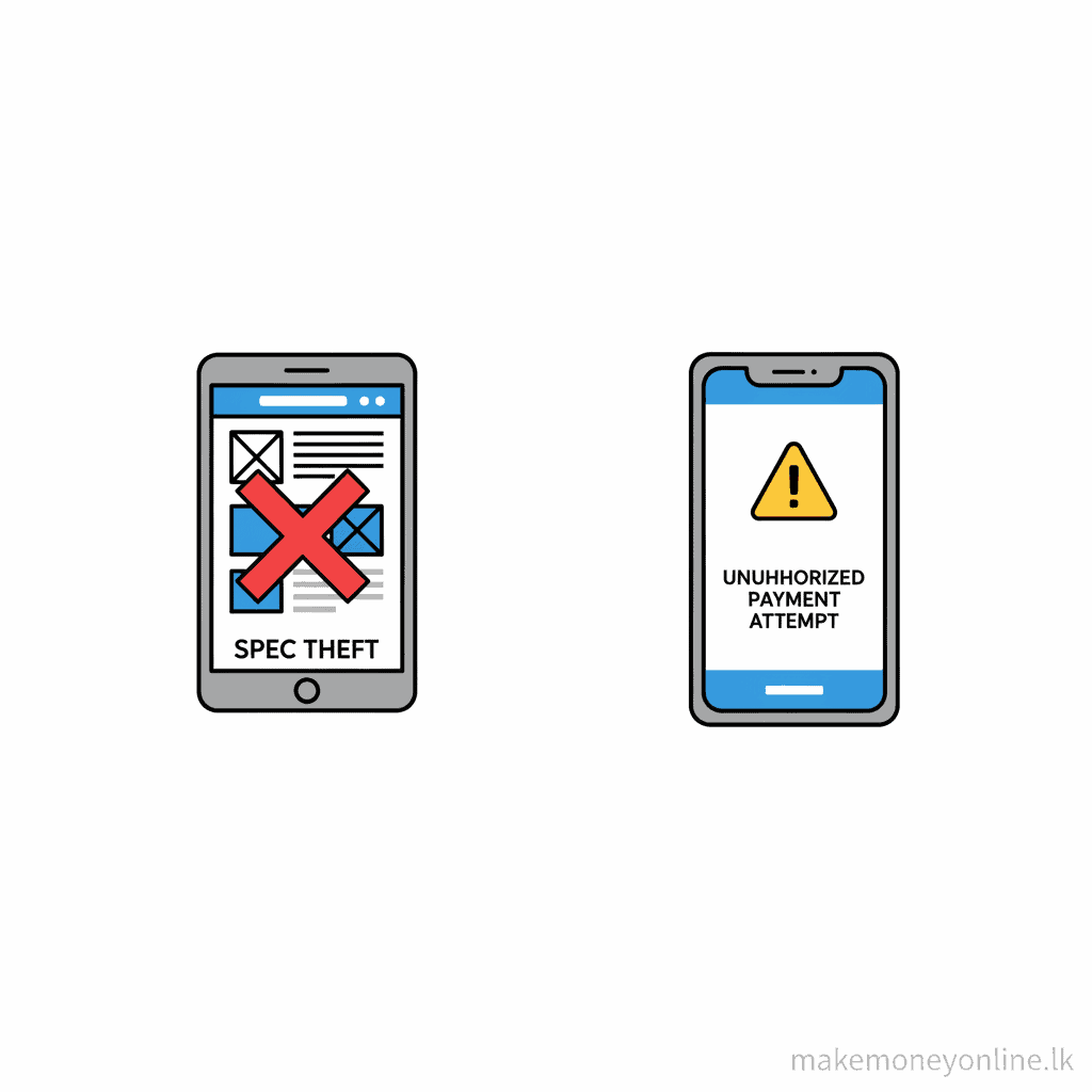 Graphic design scam warning signs including spec work theft and fake client payment fraud