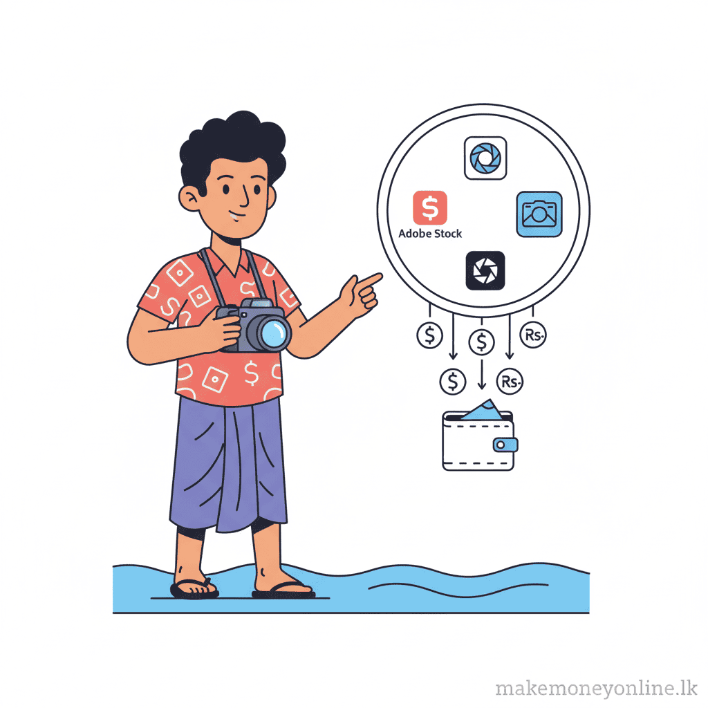 Selling stock photos from Sri Lanka showing a photographer, stock platforms like Shutterstock and Adobe Stock, and LKR passive income