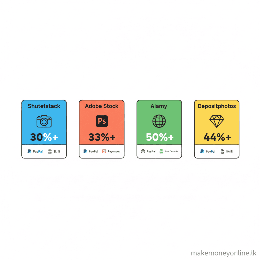 Stock photo platforms for Sri Lankan contributors including Shutterstock, Adobe Stock, Depositphotos, and Alamy with royalty rates and payment options