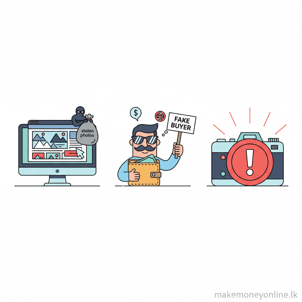 Stock photography scam warning signs including fake photo buying websites, photo theft, and fraudulent model release requests