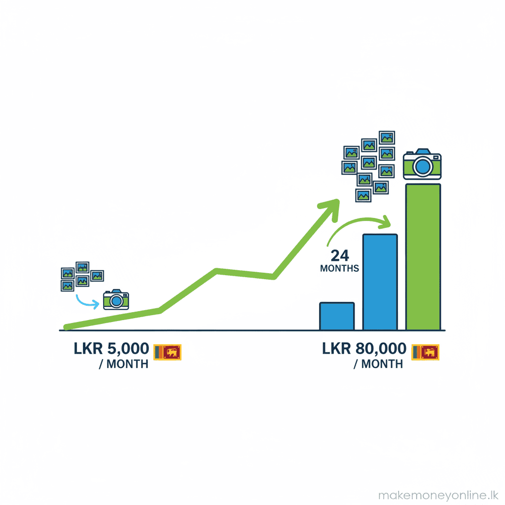 Stock photography income potential for Sri Lankan photographers showing passive income growth over time with portfolio size