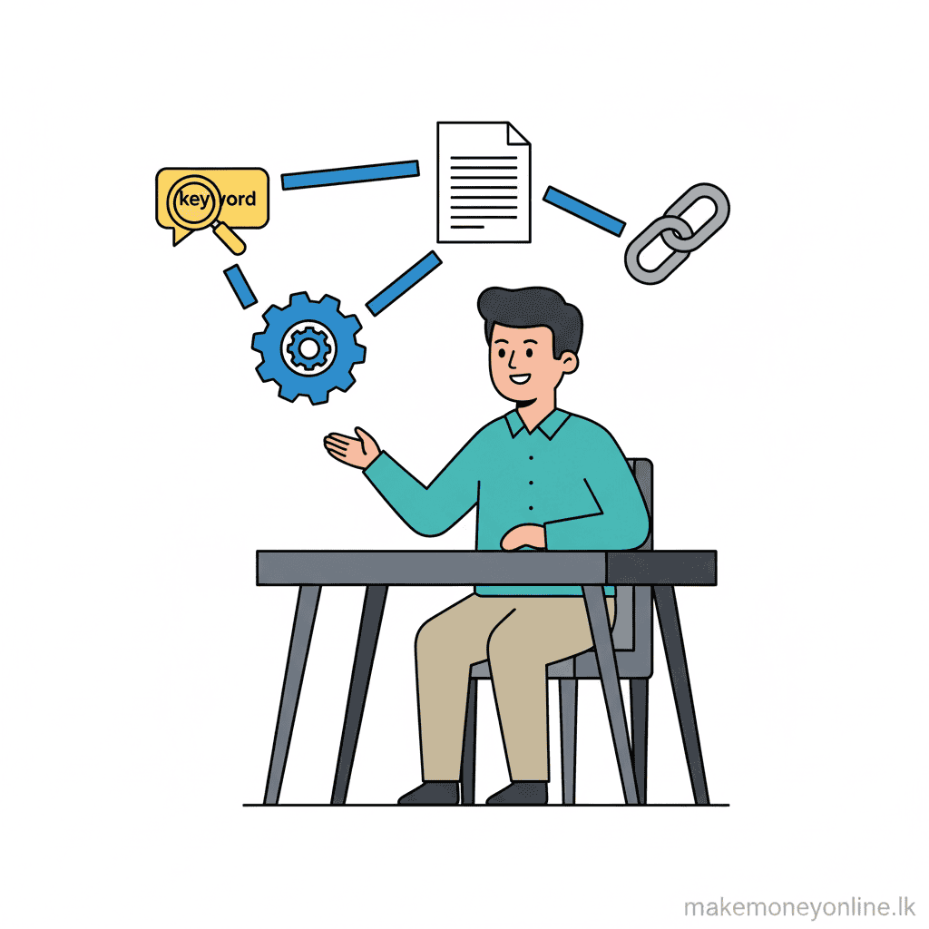 SEO consulting overview showing keyword research, technical audit, content strategy, and link building for Sri Lankan clients