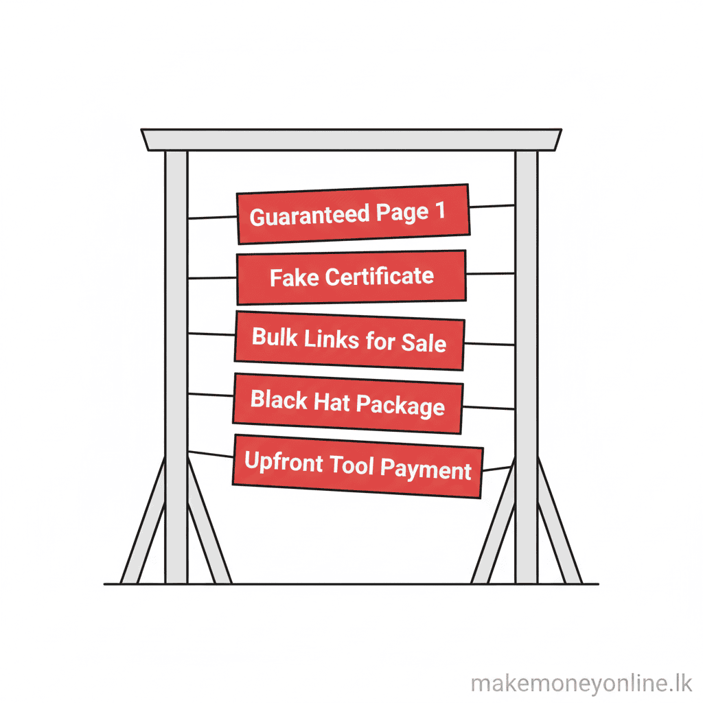 SEO consulting scam warning signs for Sri Lankan freelancers including fake certifications and guaranteed rankings