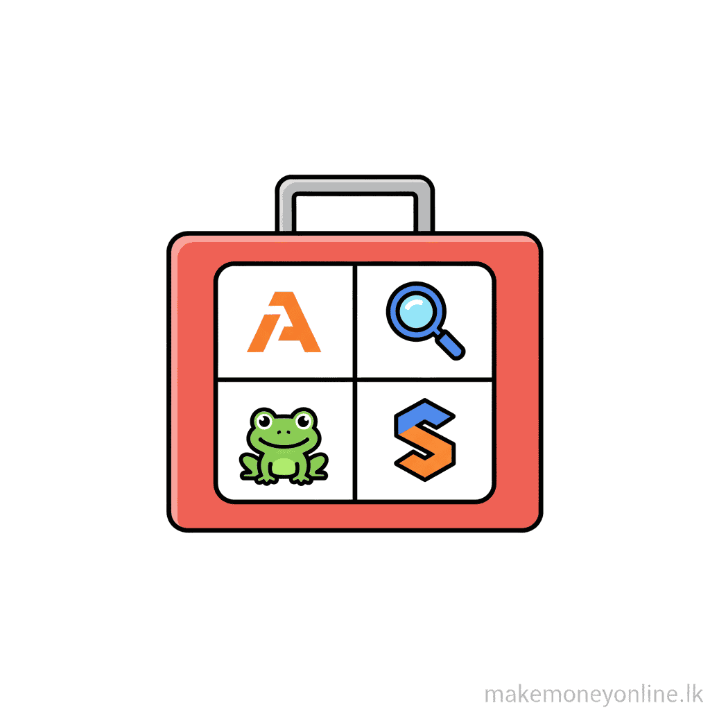 SEO tools for Sri Lankan consultants including Ahrefs, Google Search Console, Screaming Frog, and Semrush