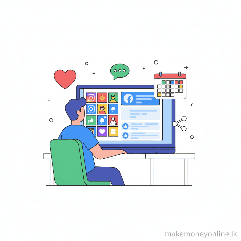 Social Media Management in Sri Lanka: Earn LKR 80,000+ Monthly (2026 Guide) Social media management income in Sri Lanka showing content calendar, Instagram feed, and LKR monthly earnings