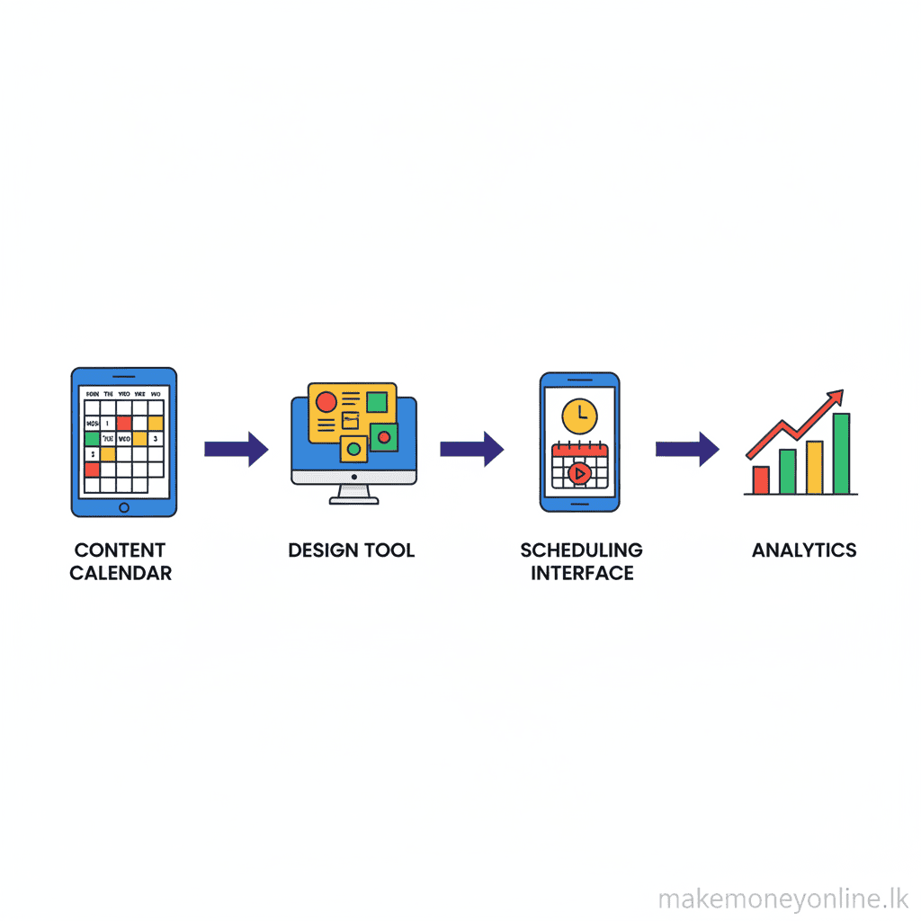 Social Media Management in Sri Lanka: Earn LKR 80,000+ Monthly (2026 Guide) Social media management workflow showing content calendar, design, scheduling, and analytics reporting