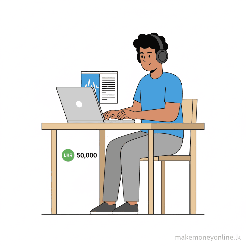 Transcription Services in Sri Lanka: Earn LKR 30,000+ Monthly (2026 Guide) Transcription services income in Sri Lanka showing headphones, typed transcript, and LKR earnings