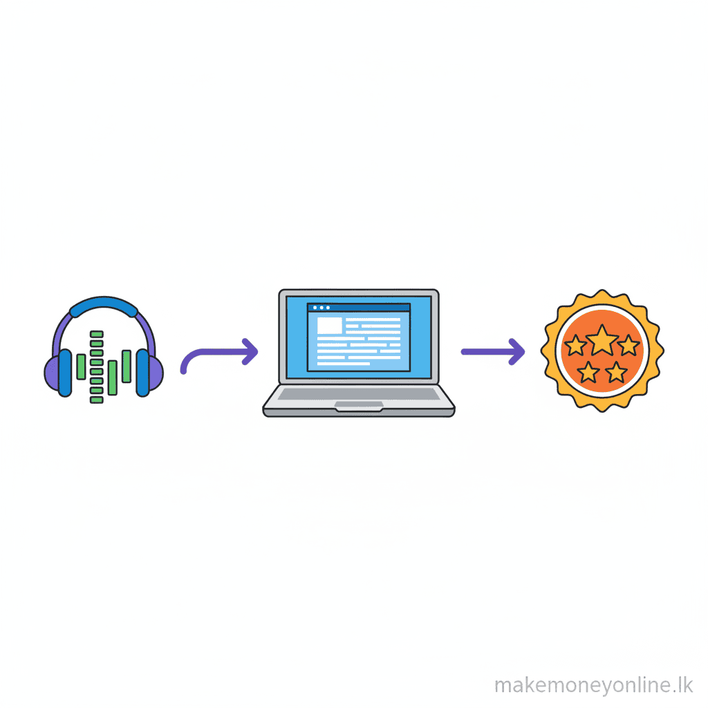 Transcription Services in Sri Lanka: Earn LKR 30,000+ Monthly (2026 Guide) Transcription workflow showing audio file to typed text conversion process with quality scoring