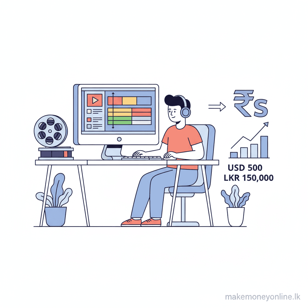 Video Editing in Sri Lanka: Earn LKR 80,000+ Monthly (2026 Guide) Video editing income from Sri Lanka showing editor at computer, Premiere Pro timeline, and USD to LKR conversion