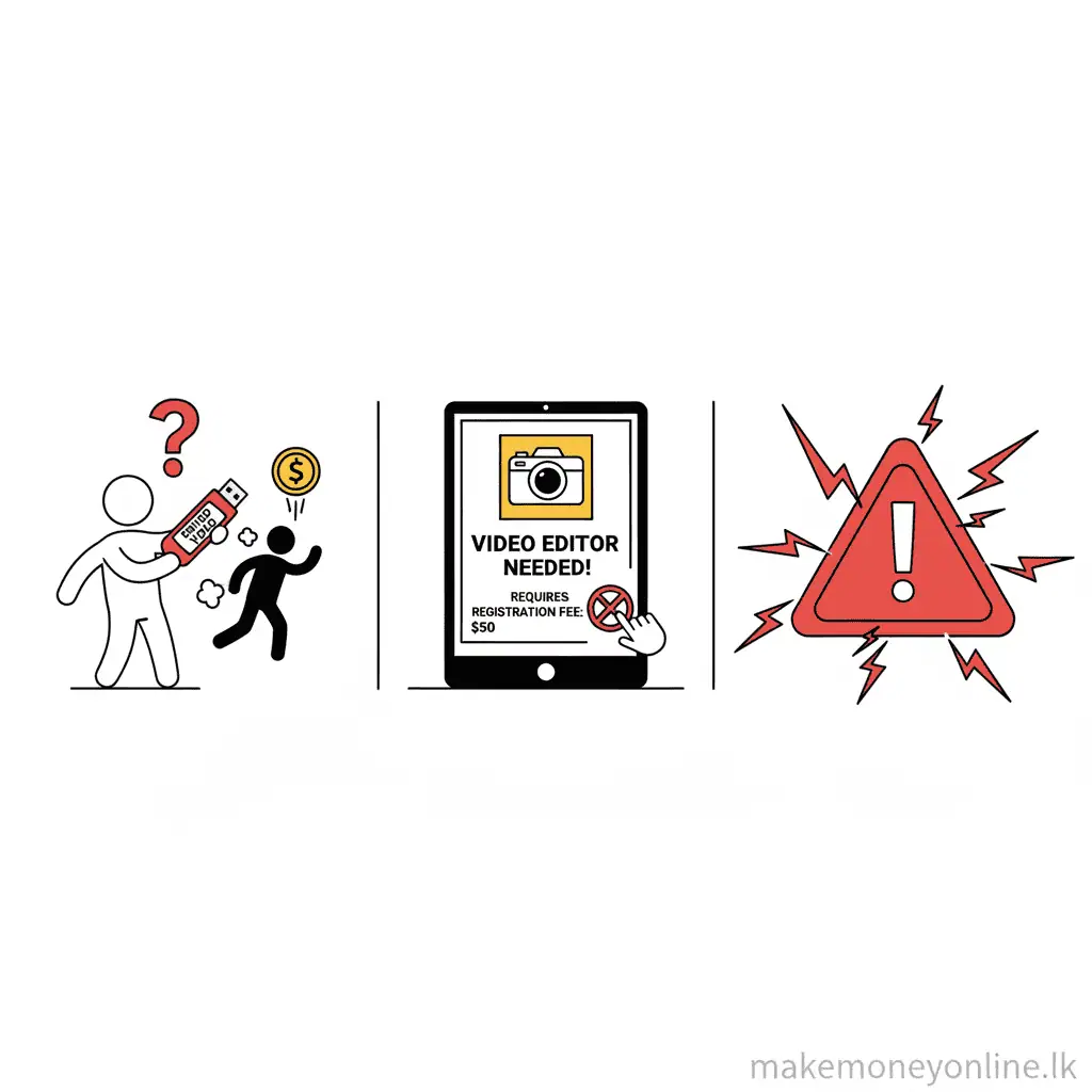Video Editing in Sri Lanka: Earn LKR 80,000+ Monthly (2026 Guide) Video editing scam warning signs including clients who disappear after receiving work and fake job advertisements requiring payment