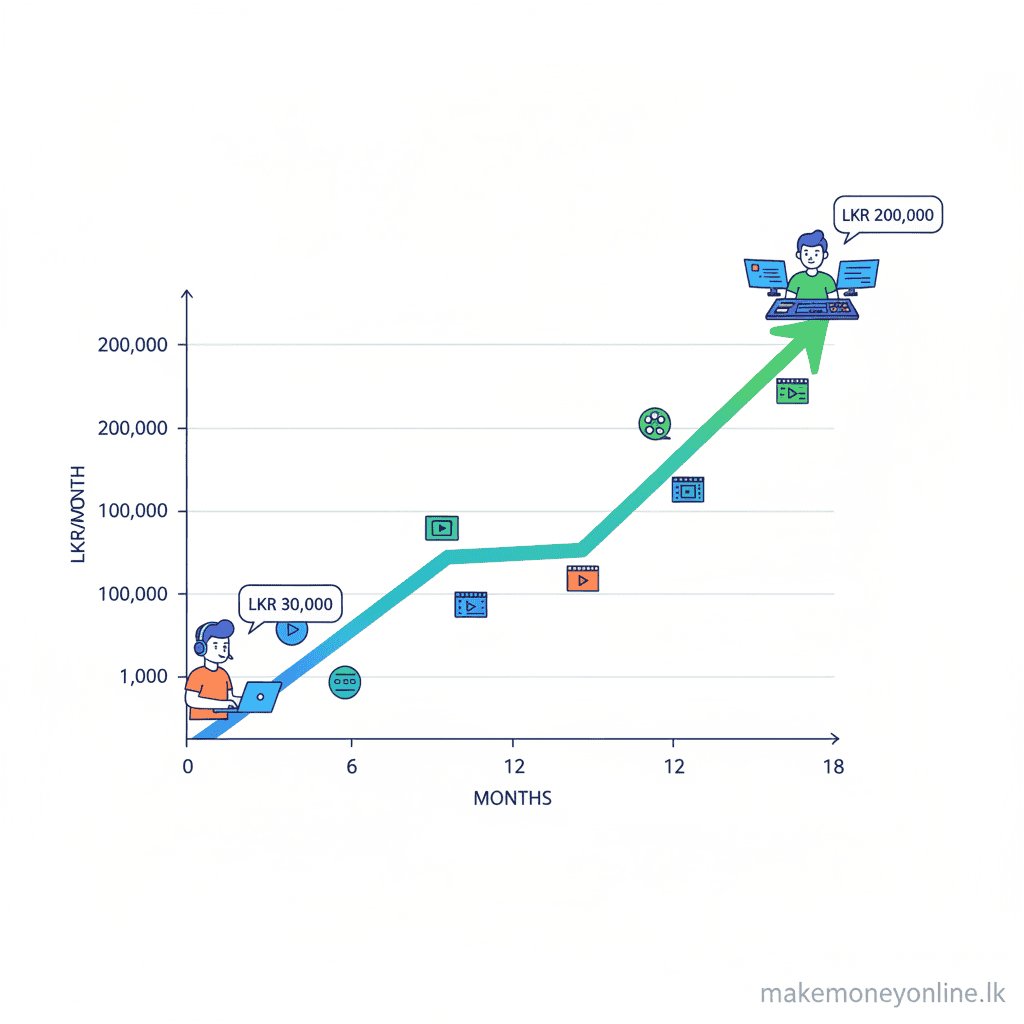 Video Editing in Sri Lanka: Earn LKR 80,000+ Monthly (2026 Guide) Video editing income potential for Sri Lankan freelancers showing beginner to expert LKR income growth over 18 months