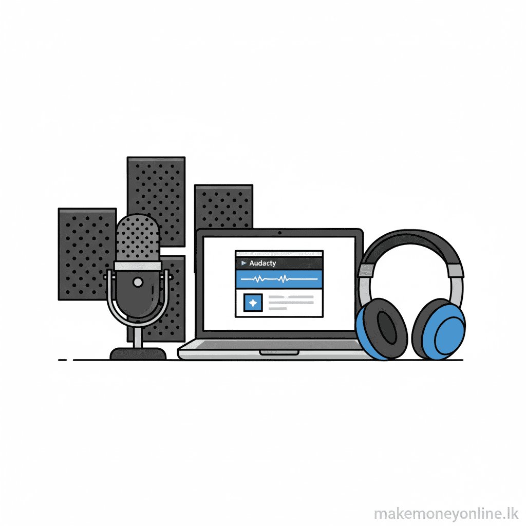 Voice-over home studio equipment for Sri Lankan beginners including USB microphone, acoustic treatment, and recording software