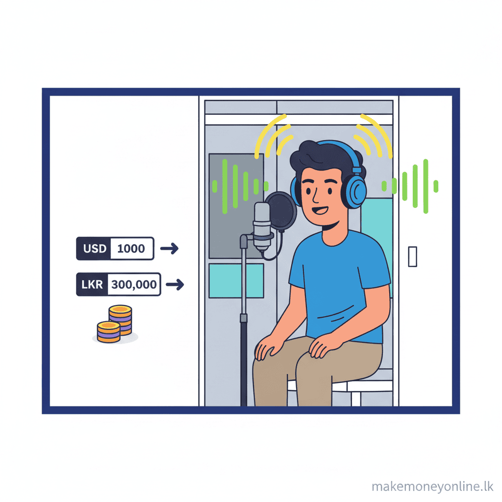 Voice-over work income from Sri Lanka showing microphone setup, audio waveform, and USD to LKR conversion