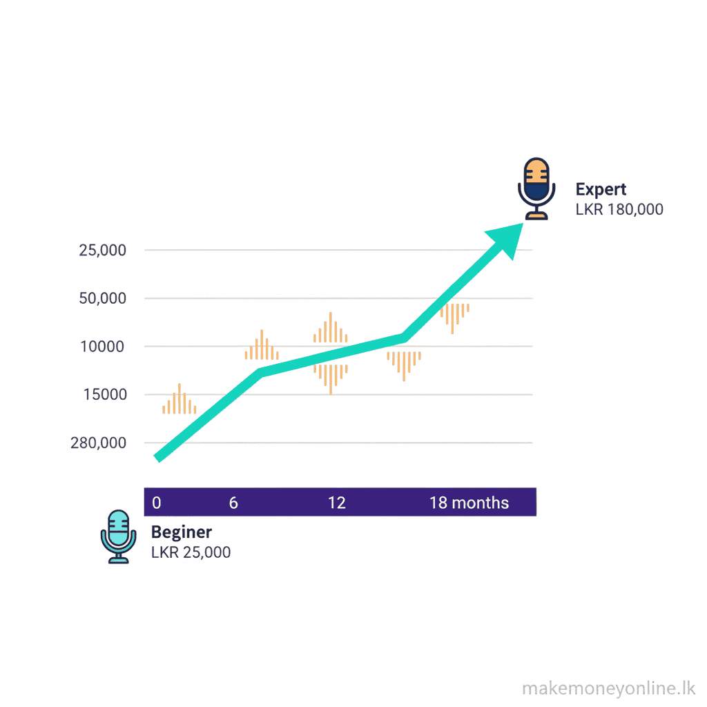 Voice-over income potential for Sri Lankan freelancers showing beginner to expert LKR income growth chart