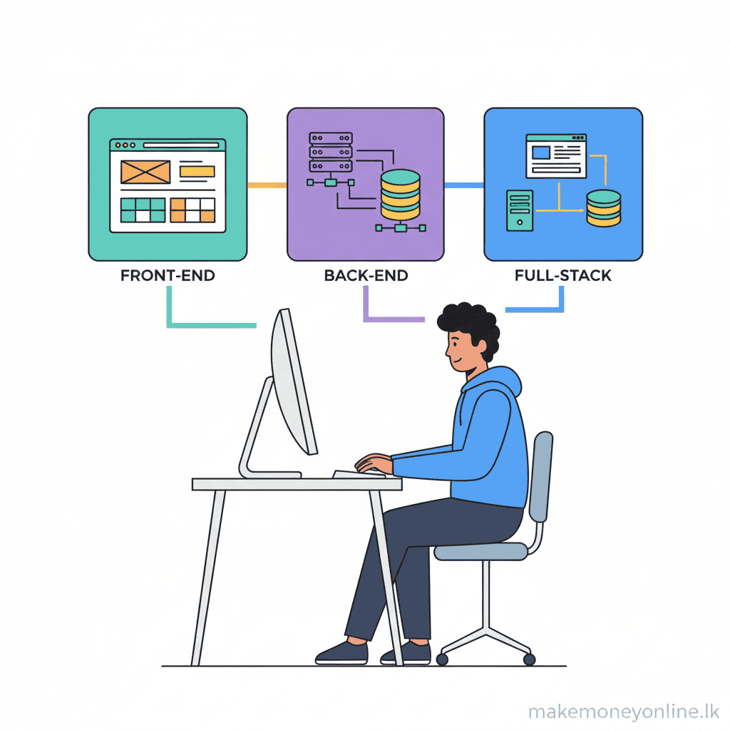 Web development overview showing front-end, back-end, and full-stack roles for Sri Lankan developers